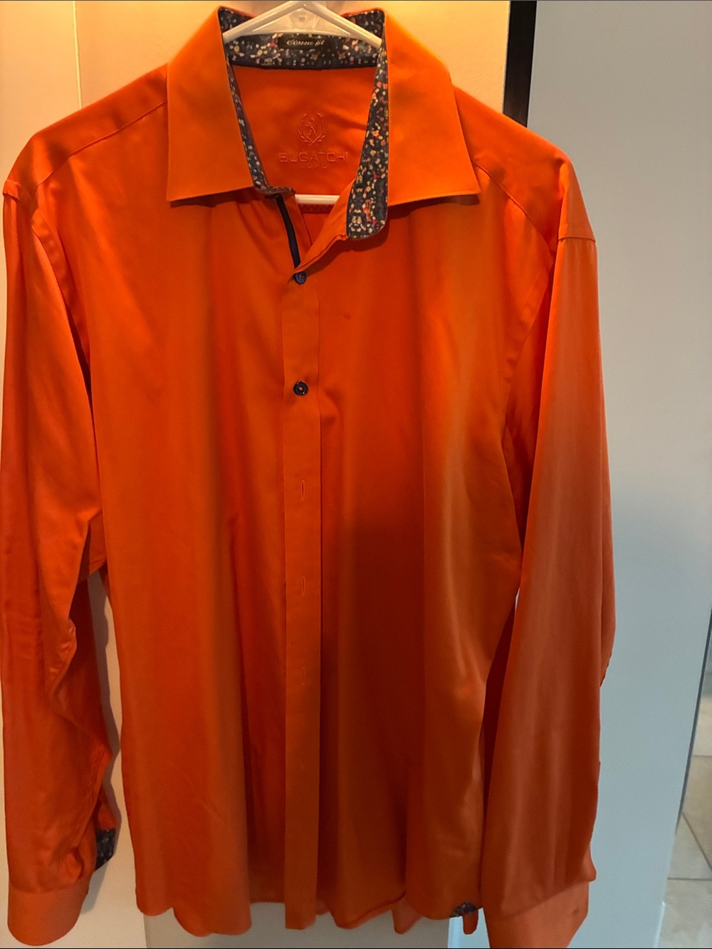 Bugatchi men's bright orange long sleeve dress shirt with patterned collar trim